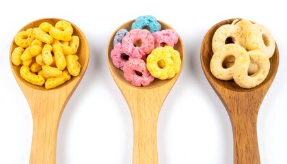 Colorful Cereal Spoons - A Vibrant Breakfast Delight on White.