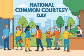 Diverse group of people celebrating National Common Courtesy Day by engaging in kind acts.