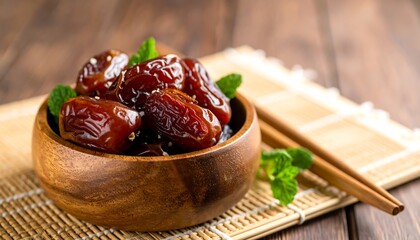 Dates in a Wooden Bowl with Mint Leaves on a Table.