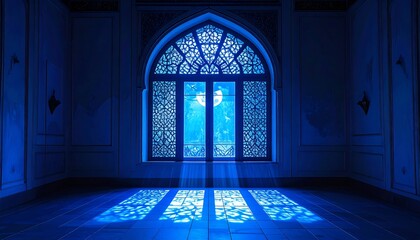 Mystical Blue Light Through Ornate Window in an Empty Room.