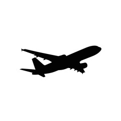 Silhouetted airplane in flight against a plain white background a simple graphic