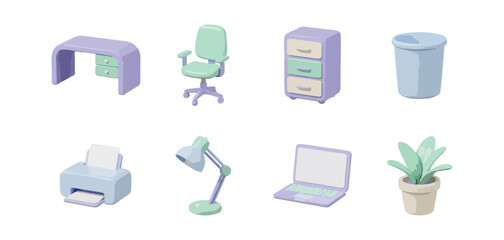 Office supplies and furniture set illustration against black background