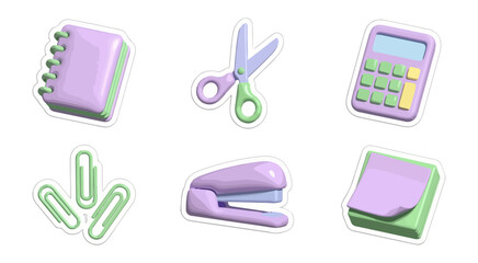 Office supplies notebook scissors calculator paper clips stapler sticky notes