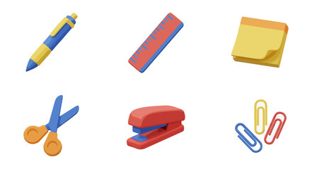 Office supplies set pen ruler sticky note scissors stapler paperclips