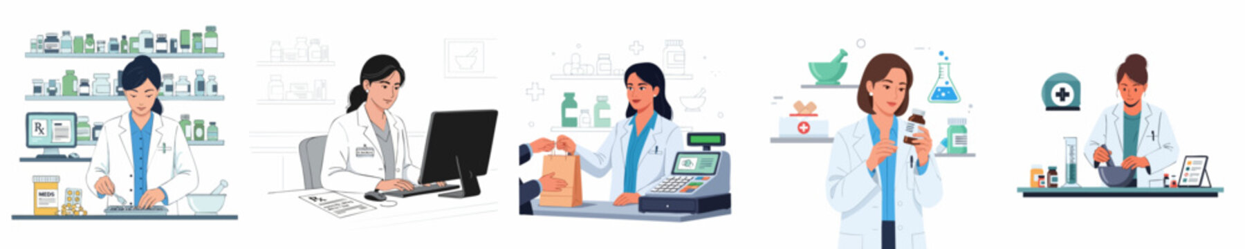 Pharmacy staff illustration showing female pharmacists compounding medicine, dispensing prescriptions, working on computers, and assisting customers.