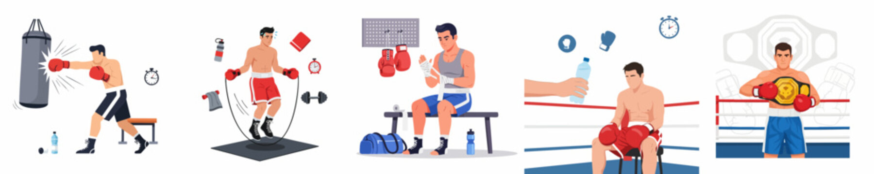Stages of a Boxer's Career: Training, Conditioning, Preparation, Rest, and Championship Victory with the Belt.