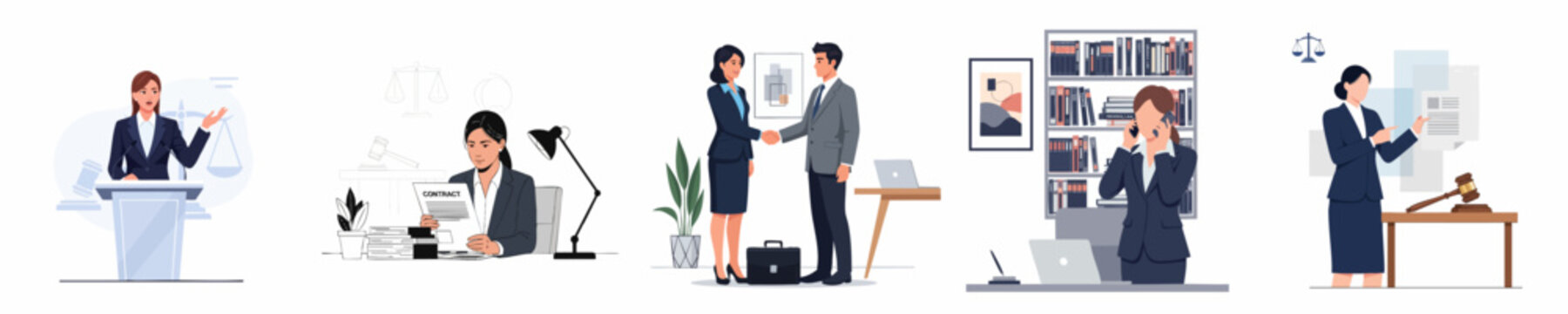 Legal professional activities collage featuring female lawyers, including courtroom speeches, contract signing, client consultation, and office work.