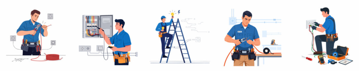 Electricians working on electrical installation, maintenance, and repair, shown in various scenarios like wiring, panel checks, light fitting, and outlet testing.