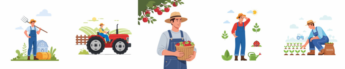 Set of vector illustrations showing farmers working in fields, harvesting crops, driving tractors, and tending to seedlings on a farm. © ValentinaRestrepo