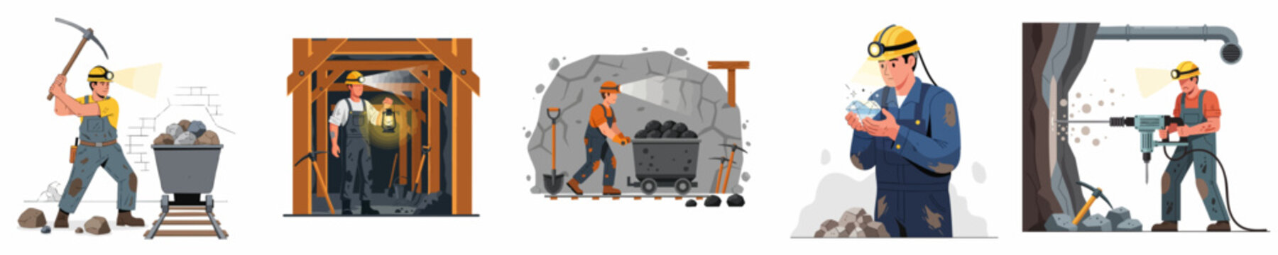 Mining industry workers set: collection of flat vector illustrations showing miners using tools, hauling coal carts, exploring shafts, and discovering precious gems.