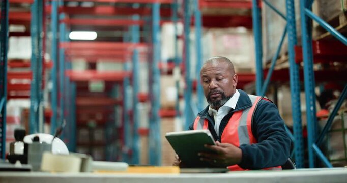 Man, contractor and warehouse with tablet for logistics, supply chain or inventory inspection. Male person, employee or distributor with technology for checking stock or quality assurance in depot