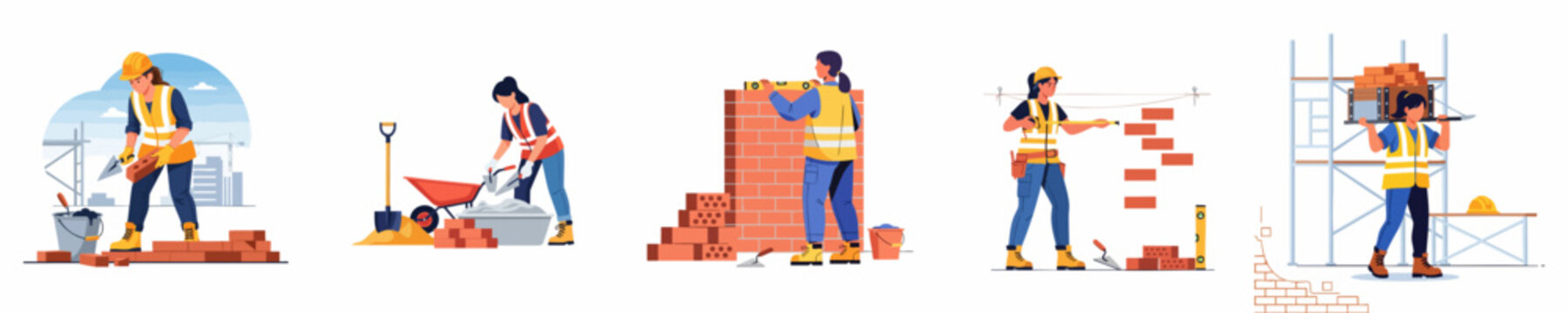 Female masons working on building a brick wall set. Women builders laying bricks, mixing cement, and carrying materials at a construction site.