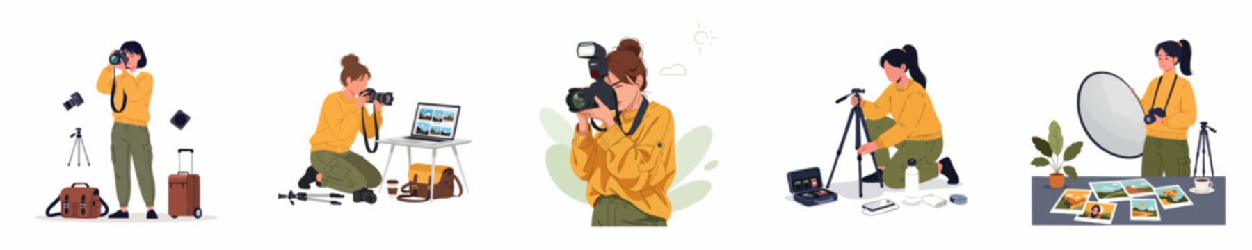 Professional female photographer scenes set: capturing, editing, packing, and using camera equipment, illustrating the creative workflow process.