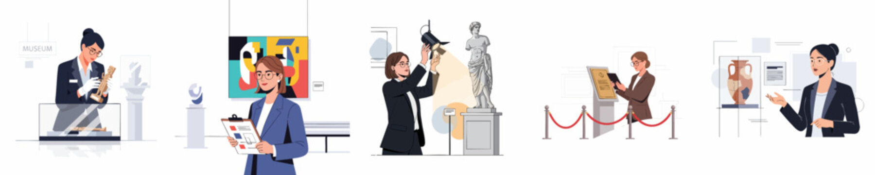 Professional museum curators and art historians performing various duties, including conservation, exhibit design, and guiding, in a modern flat vector illustration.