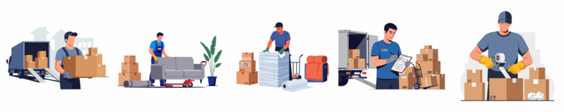 Professional movers packing, loading, and delivering household goods using a truck, illustrating relocation services.