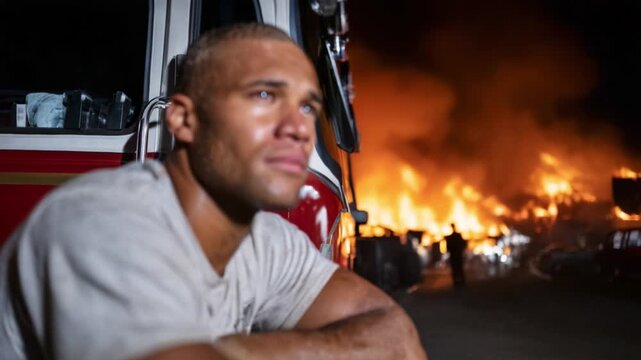 Heroic Firefighter Contemplates Devastation After Battling Intense Blaze, Reflecting on Courage, Sacrifice, and the Costs of Combating Wildfires in Darkesque Conditions