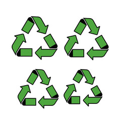 Four green recycling symbols arranged in a square pattern on a white background