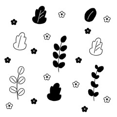 手描き風の葉と花の並んだ植物パターン素材