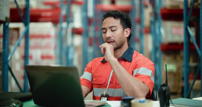Logistics, man and thinking in warehouse with laptop for problem solving, shipping or distribution. Person, reflection and typing in wholesale factory with supply chain operations, solution and idea.