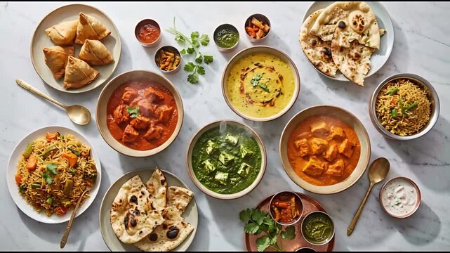 Overhead Shot of Various Indian Dishes Like Curry and Samosas On Marble Background With Vibrant Colors