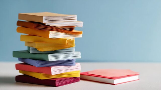 A Vibrant Stack of Colorful Notepads Neatly Piled on a Light Surface with a Soft Blue Background, Showcasing Diverse Colors and Textures for Creative Workspaces