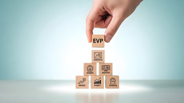 Strategically Building Employee Value Proposition Hand Places EVP Block on Pyramid of HR Concepts and Business Pillars