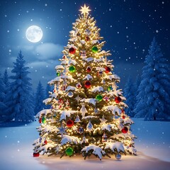 Christmas Tree in Snowy Landscape with Moonlit Sky and Decorations.