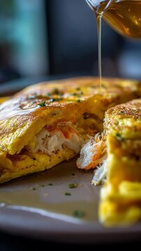 Generously drizzled golden liquid enhances delicious golden seafood omelet. Savory breakfast or brunch food experience from gourmet egg dish, fresh ingredients. Fluffy eggs, succulent seafood filling