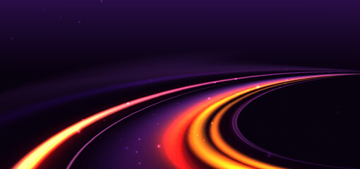 Elegant glowing purple and orange curved rays on dark purple background.
