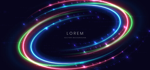 Multicolor neon curved rays with sparkling on dark background.