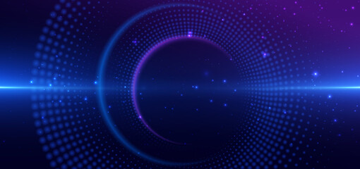 Dotted circles blue glowing futuristic tech on dark blue background.