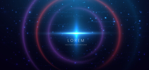 Abstract purple and red circles rays with sparkling on dark blue background.