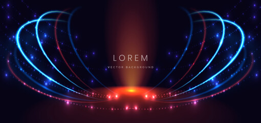 Abstract blue and red curve lines on dark background with sparkling.