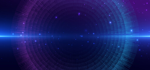 Circles lines glowing with lighting sparkling on dark blue backround. Sciene background, technology big data concept.