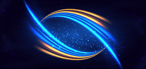 Elegant glowing blue and orange curved rays on dark  background.
