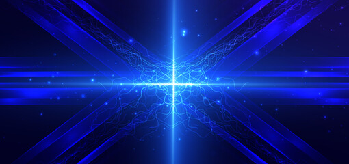 Technology futuristic blue thunder illuminated on dark background.