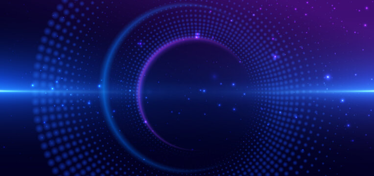 Dotted circles blue glowing futuristic tech on dark blue background.