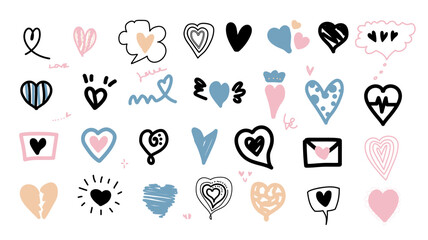 Hand-drawn heart doodles and romantic elements collection for Valentine's Day. Vector illustration.