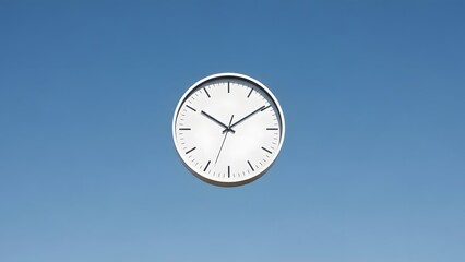 Isolated clock face against clear blue sky background.