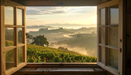 Scenic vineyard view through an open window at sunrise. © dani