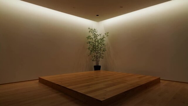 This video captures a modern, empty room with a wooden platform, a bamboo plant, and warm, indirect lighting.