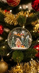 Christmas tree ornament featuring a snow globe with a gingerbread house.