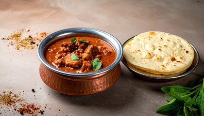 Delicious Butter Chicken Curry with Naan Bread on Table.
