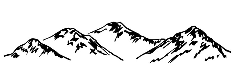 Nature and landscape. Mountain range, rocky terrain. An ink sketch, a hand-drawn vector drawing with a black outline.