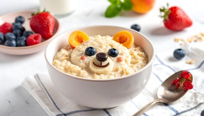 Oatmeal breakfast artfully arranged in a bowl, shaped like a bear face with fresh fruit accents. Includes blueberries, strawberries, and apricots