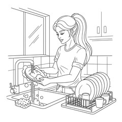 Woman Washing Dishes in Kitchen Sink Line Art.