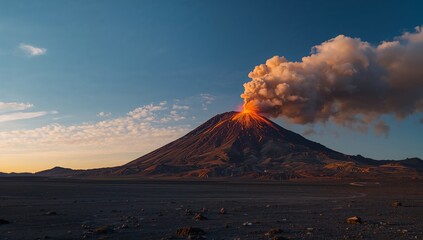 Erupting Volcano Under a Clear Blue Sky at Sunset