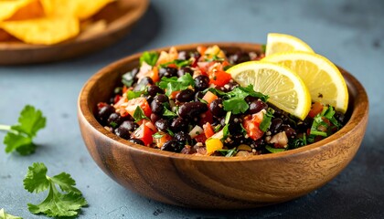 Black Bean Salsa with Lemon Wedges in Wooden Bowl.