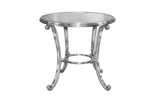 Silver metal round table with ornate curved legs, elegant polished finish offering reflections on transparent background
