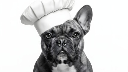 French Bulldog wearing a chef hat, monochrome portrait.
